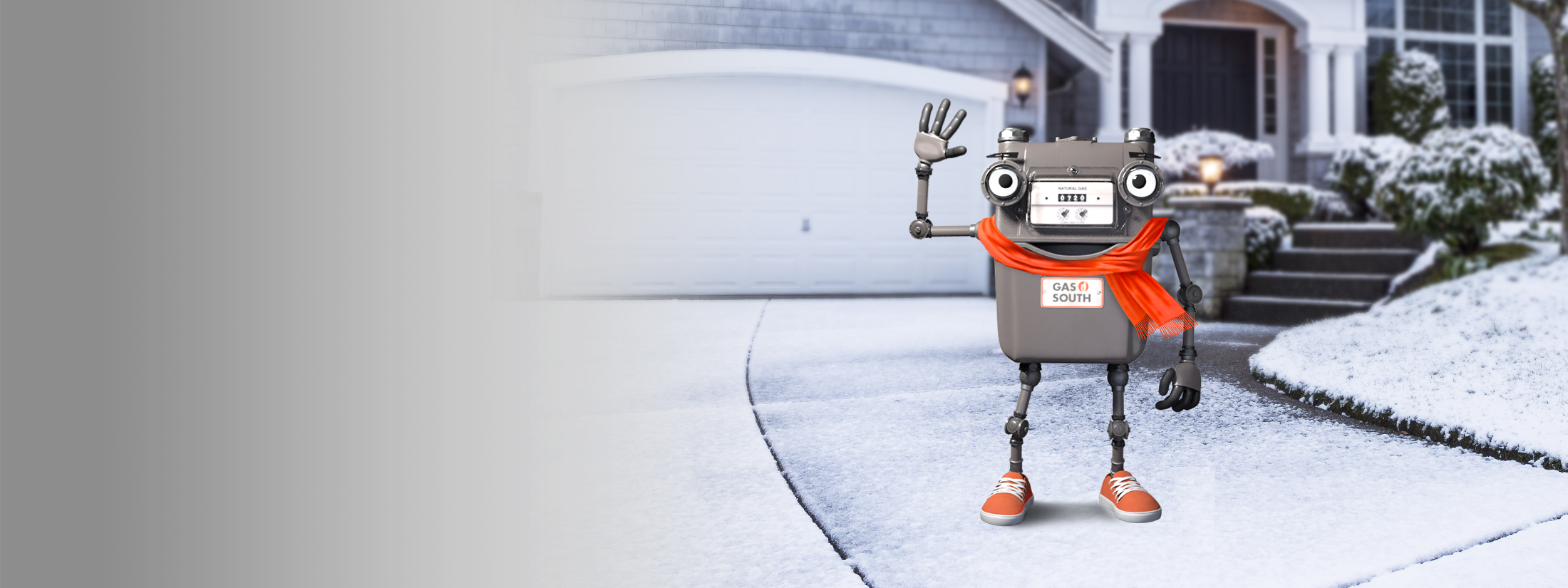 Mr. Meter in front of a house during winter
