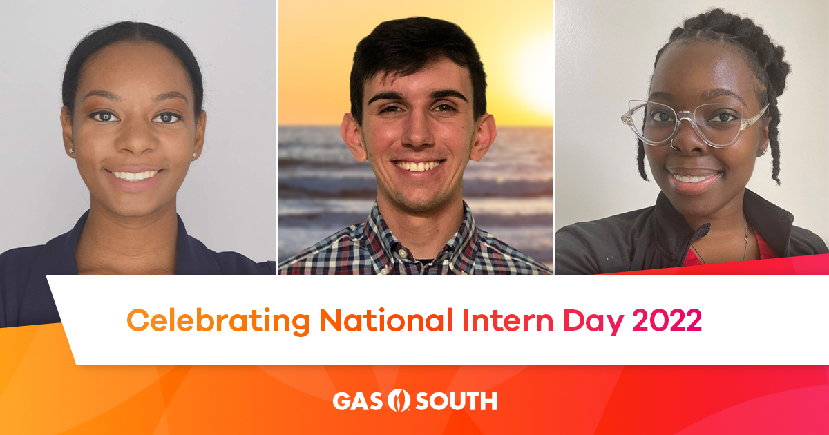 Three Gas South intern portraits, two women and one male.