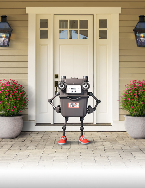 Mr. Meter in front of a house during spring