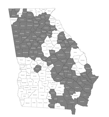 Greyscale map of serviceable Georgia counties.