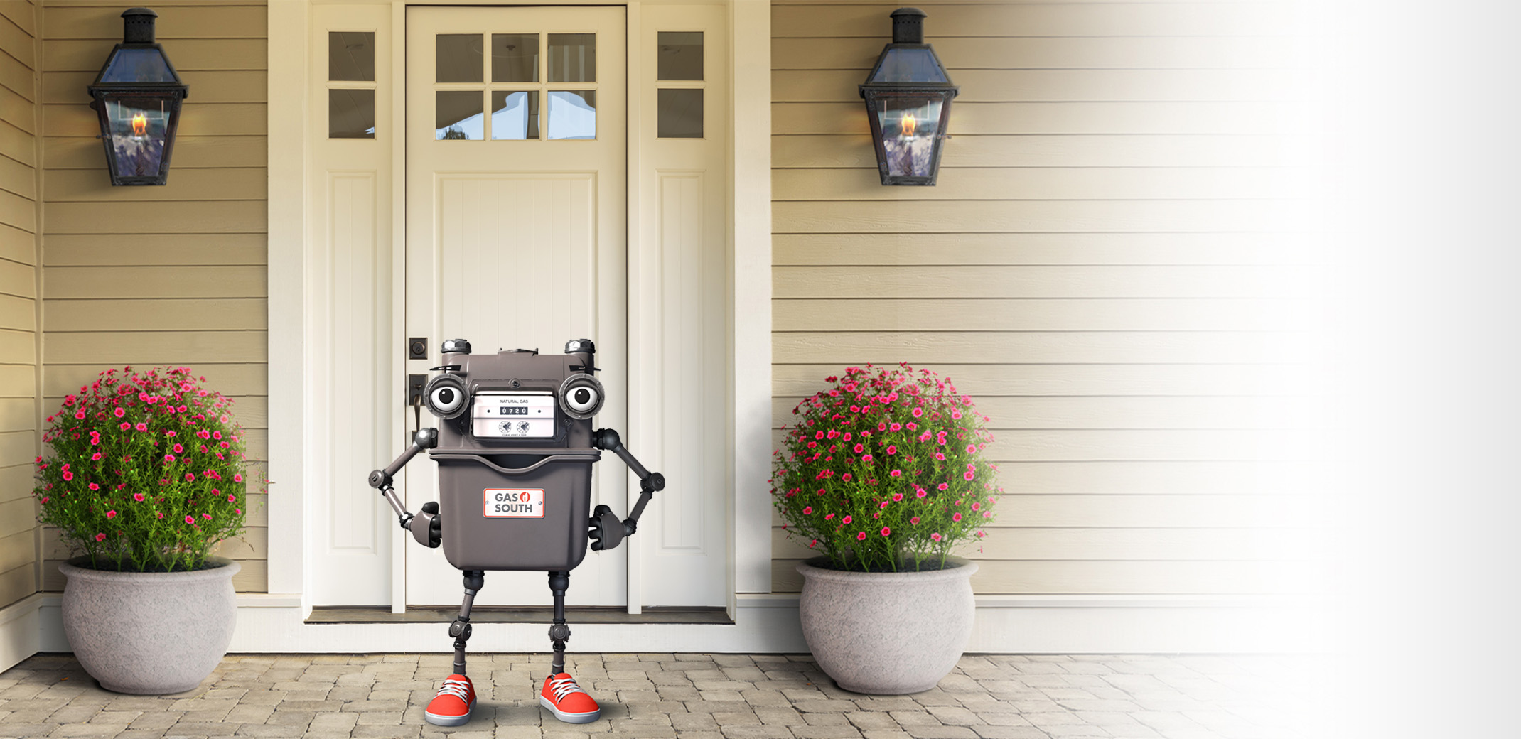 Mr. Meter standing outside of a house on a spring day